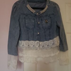 Upcycled denim Jacket with Lace and Pearl Details